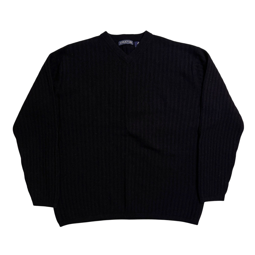 VTG 90's Structure Sweater Large Black Ribbed V-Neck Lambswool Blend Mens